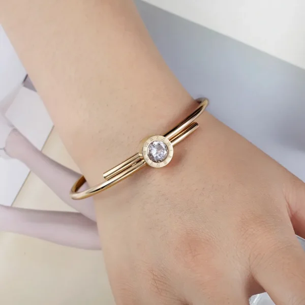 Fashion Round Stylish Titanium Steel 18K Gold Plated with Zircon Bangle