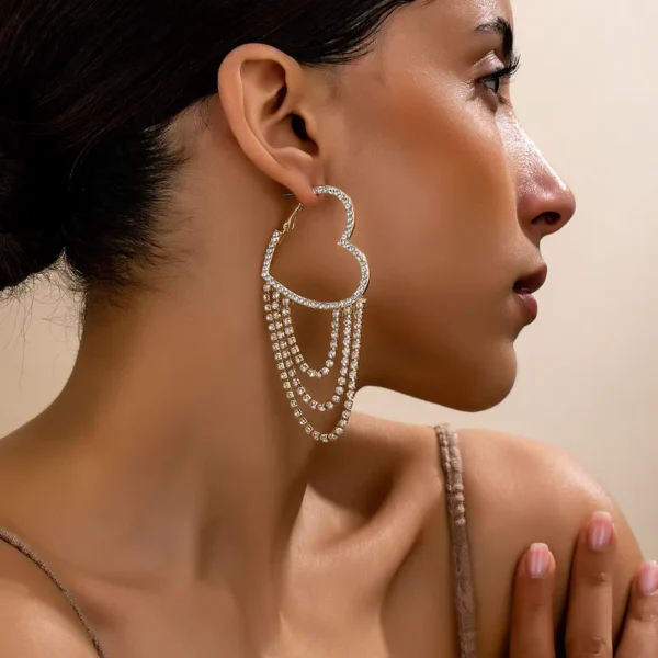Elegant Shiny Heart Shape Chain Inlay Alloy Rhinestones Earring