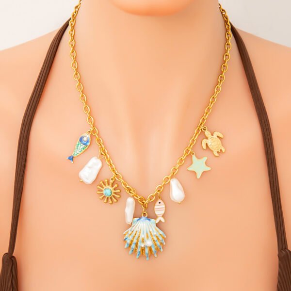 Marine Style Beach Sun Starfish Shell Charms cable chain 18K Gold Plated Necklace