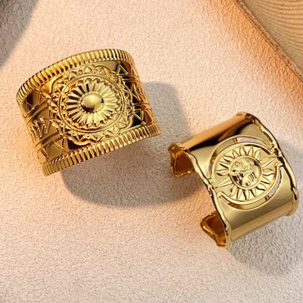 Elegant Classic Sun Design 18K Gold Plated Wide Cuff