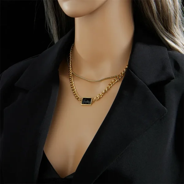 Black Square Glass Layered anti  tranish Gold Plated Necklace