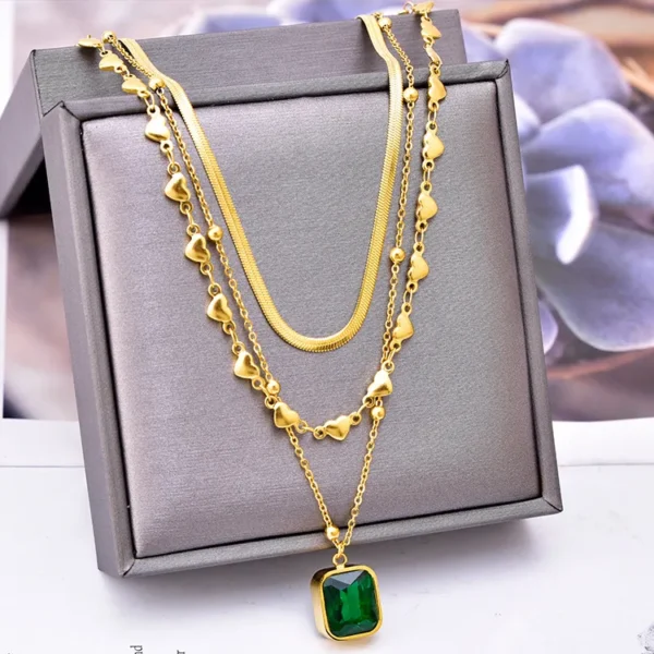 Fashion Heart Shape Turquoise Rhinestones Glass Stone anti tarnish gold plated layered necklace