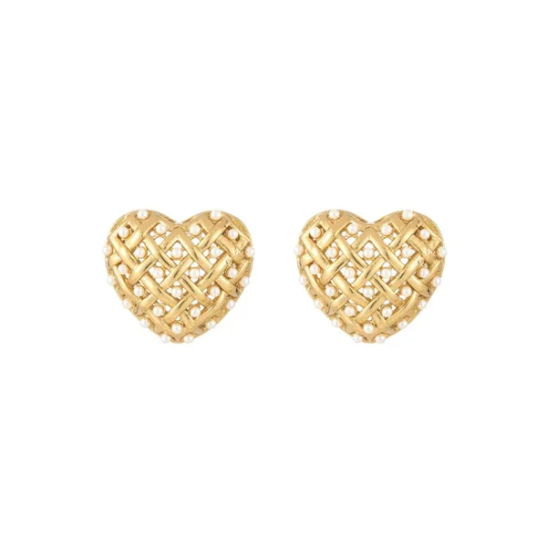 Anti-Tarnish weave pattern Gold Plated Heart shaped stud earrings