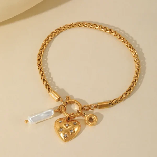 Water proof 18K Gold Plated Bracelet with Pearl and Zircon embeded heart Charms