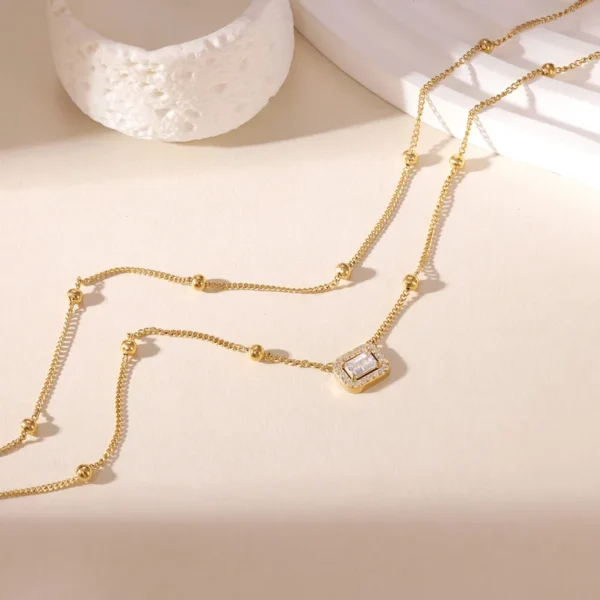 Double Layer Titanium Steel Necklace With white Zirconia Pendant