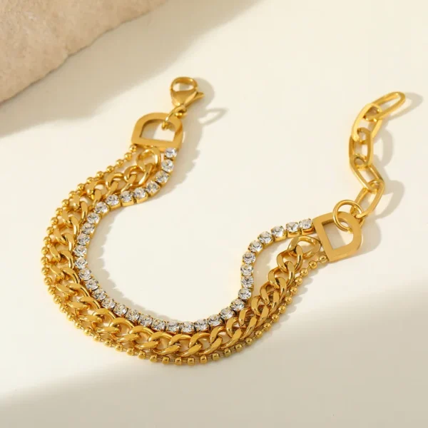 Elegant Double Layered 18K Gold Plated Zirconia Embedded Flat Snake Chain Bracelet