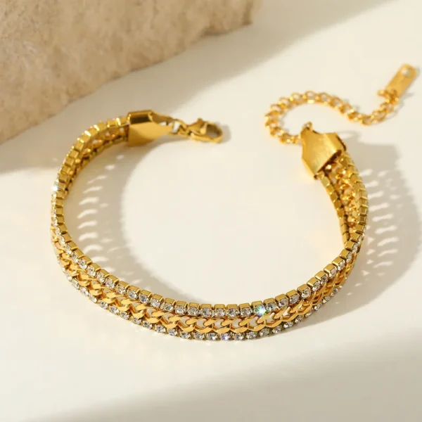Elegant Anti-Tarnish Double Layered  Zirconia Embedded Flat Snake Chain Bracelet