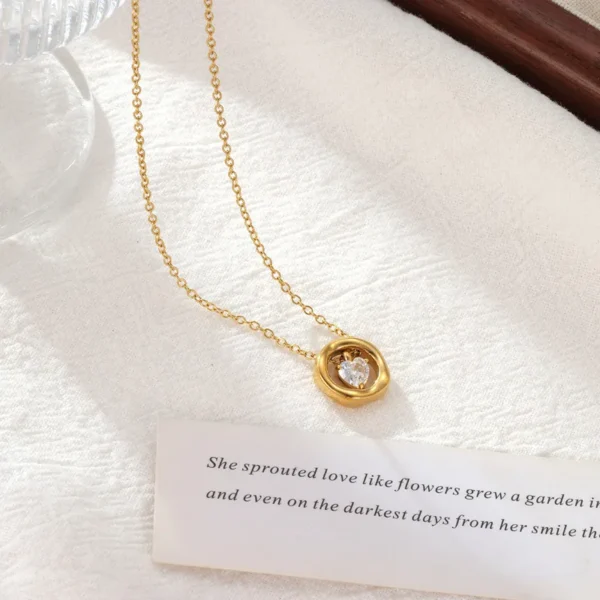 Anti-Tarnish Gold Plated  Stainless Steel stone encrusted circular Pendant Necklace