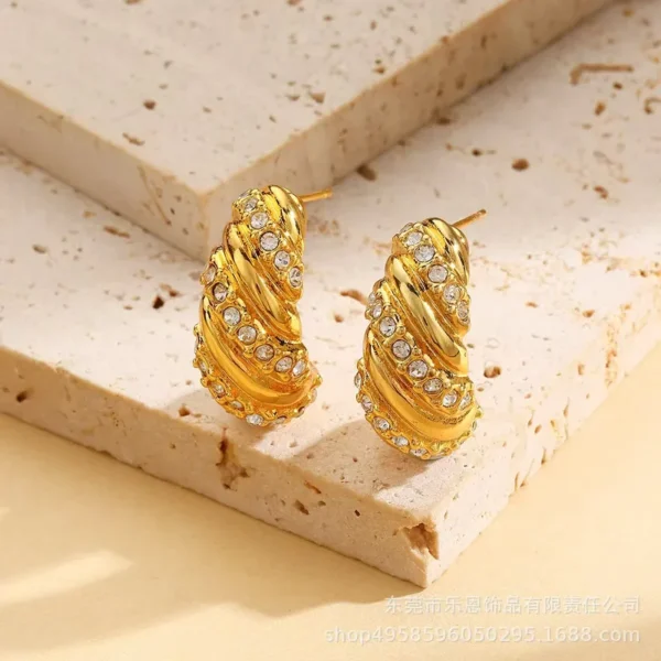 Waterproof Gold Plated Stainless Steel  stone embeded drop shape stud earrings