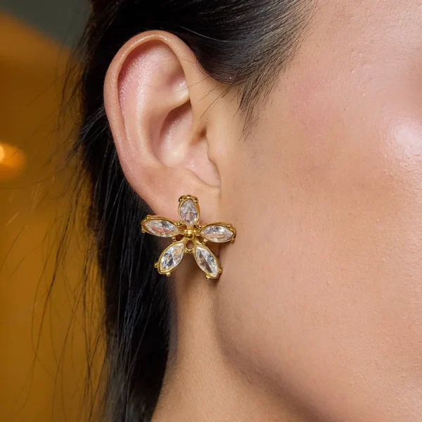Waterproof Gold Plated Stainless Steel Zircon Flower stud Earrings