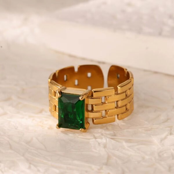 Anti-Tarnish Gold Plated Stainless Steel emerald stone embeded Open Ring