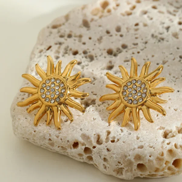 Gold Plated Anti-Tarnish Stainless Steel Sunflower Stud earrings with stones