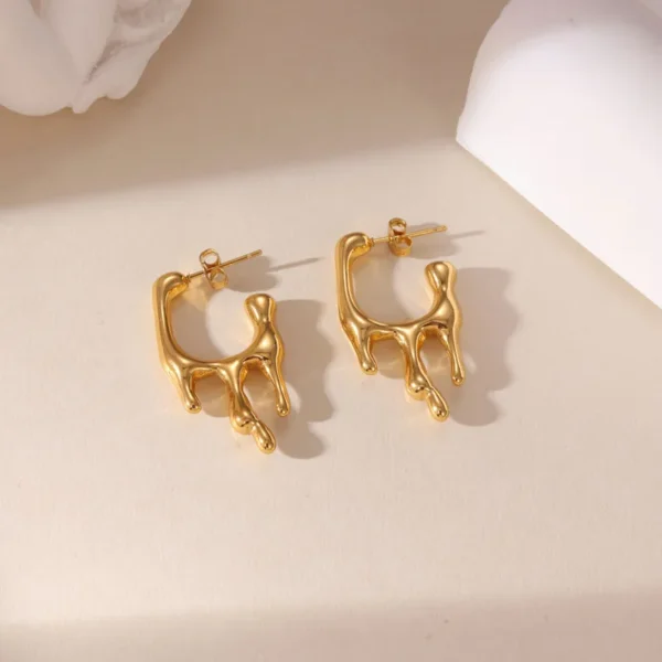 Pair Of 18K Gold Plated Stainless Steel Wave Drop Earrings Irregular Earring