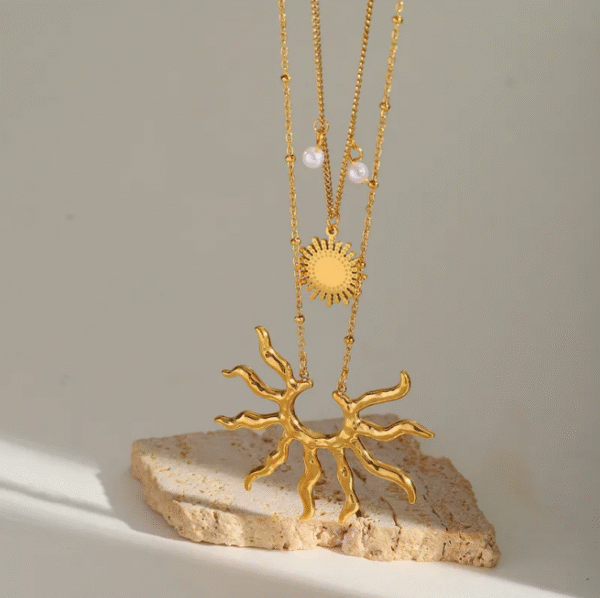 18K Gold Plated  Sun-Moon double layered chain with pearl accent