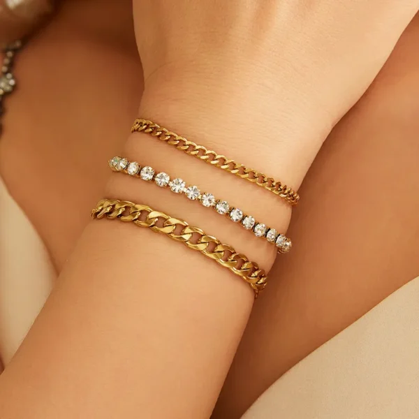 Set of three Gold Plated Stainless Steel Rhinestone and gold chain Bracelet pack
