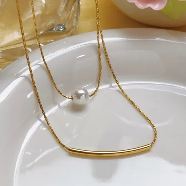 Trendy Anti-Tarnish Double Layer Pearl Titanium Steel Necklace