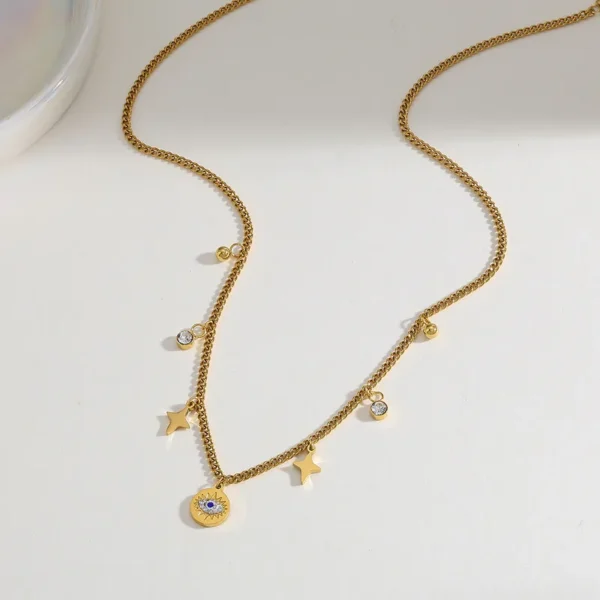 l Elegant Cute Geometric Star Eye Zircon 18K Gold Plated Multi Charms Necklace